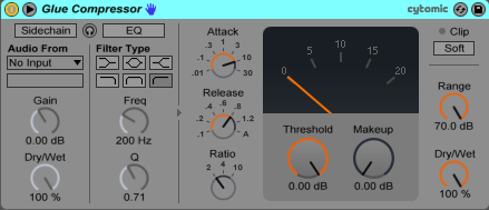 An image of Ableton's Glue Compressor with the Sidechain module expanded.