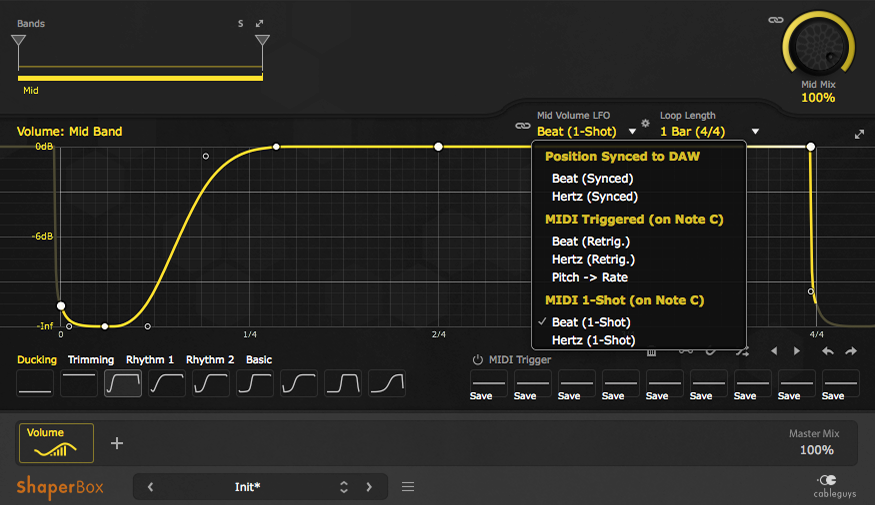 An image of a ducking preset loaded in VolumeShaper and LFO mode set to "Beat (1-shot)."