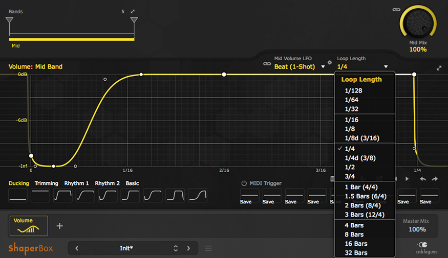 An image of loop length set to 1/4 notes in VolumeShaper.