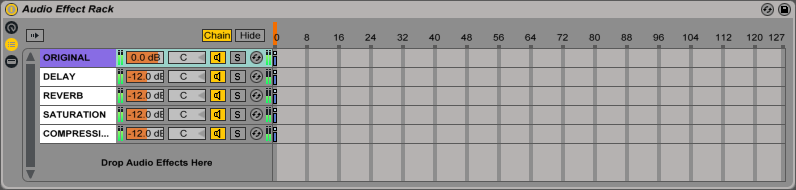 An image of the Chain Select Editor in an Ableton Live Audio Effect Rack.