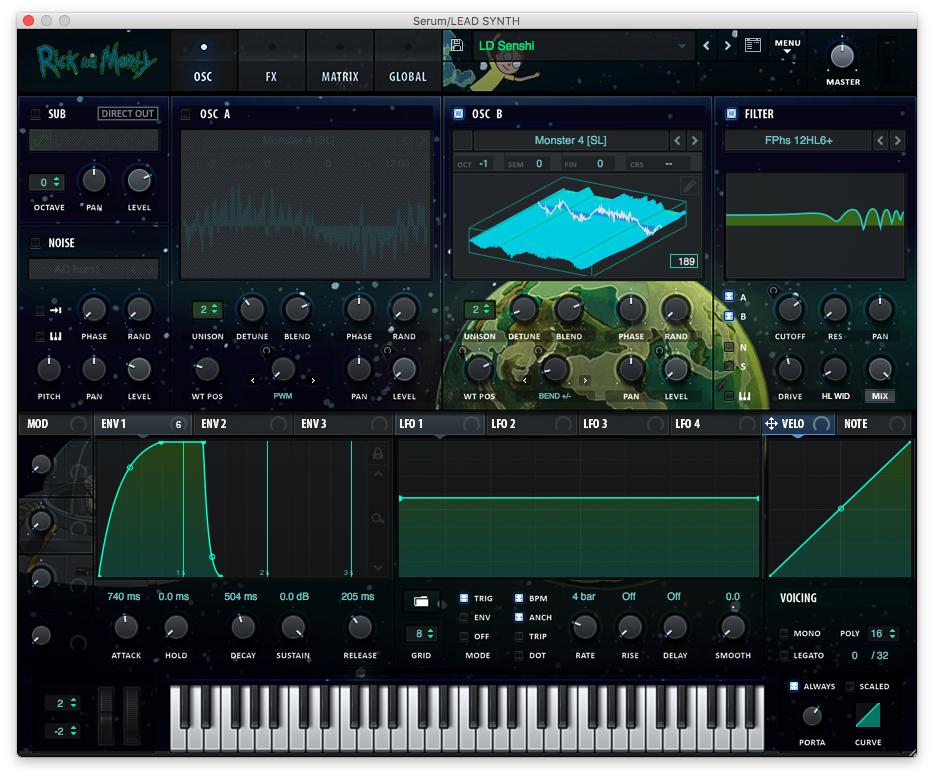 An image of a Rick and Morty skin for Xfer Record's Serum plugin.