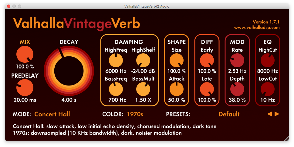 An image of Valhalla's VintageVerb reverb plugin.
