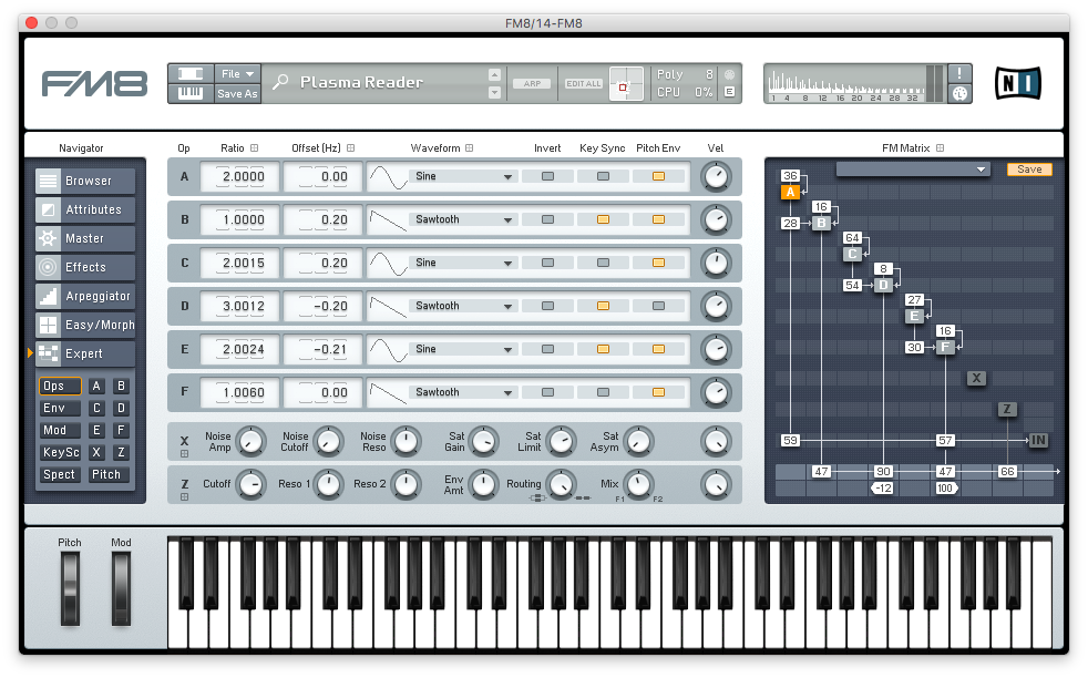 An image of Native Instruments' FM8 plugin synthesizer.