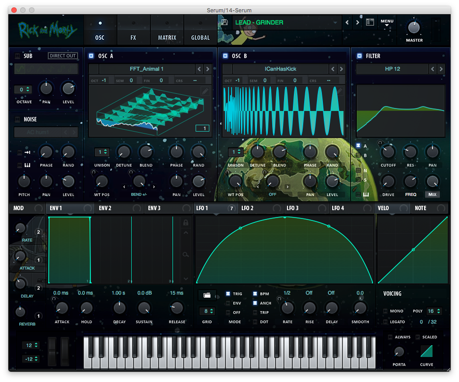 An image of Xfer Records' Serum synthesizer plugin with a Rick and Morty skin.