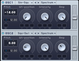 An image of the pitch of Oscillator and 2 automated to increase semitones in Native Instruments' Massive.