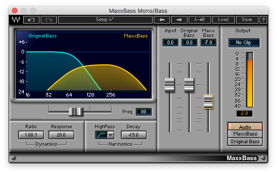 An image of Waves' MaxxBass plugin.