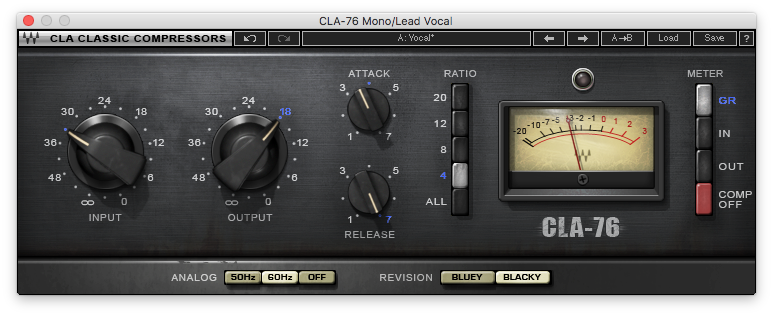 An image of Waves CLA-76 Compressor / Limiter plugin.