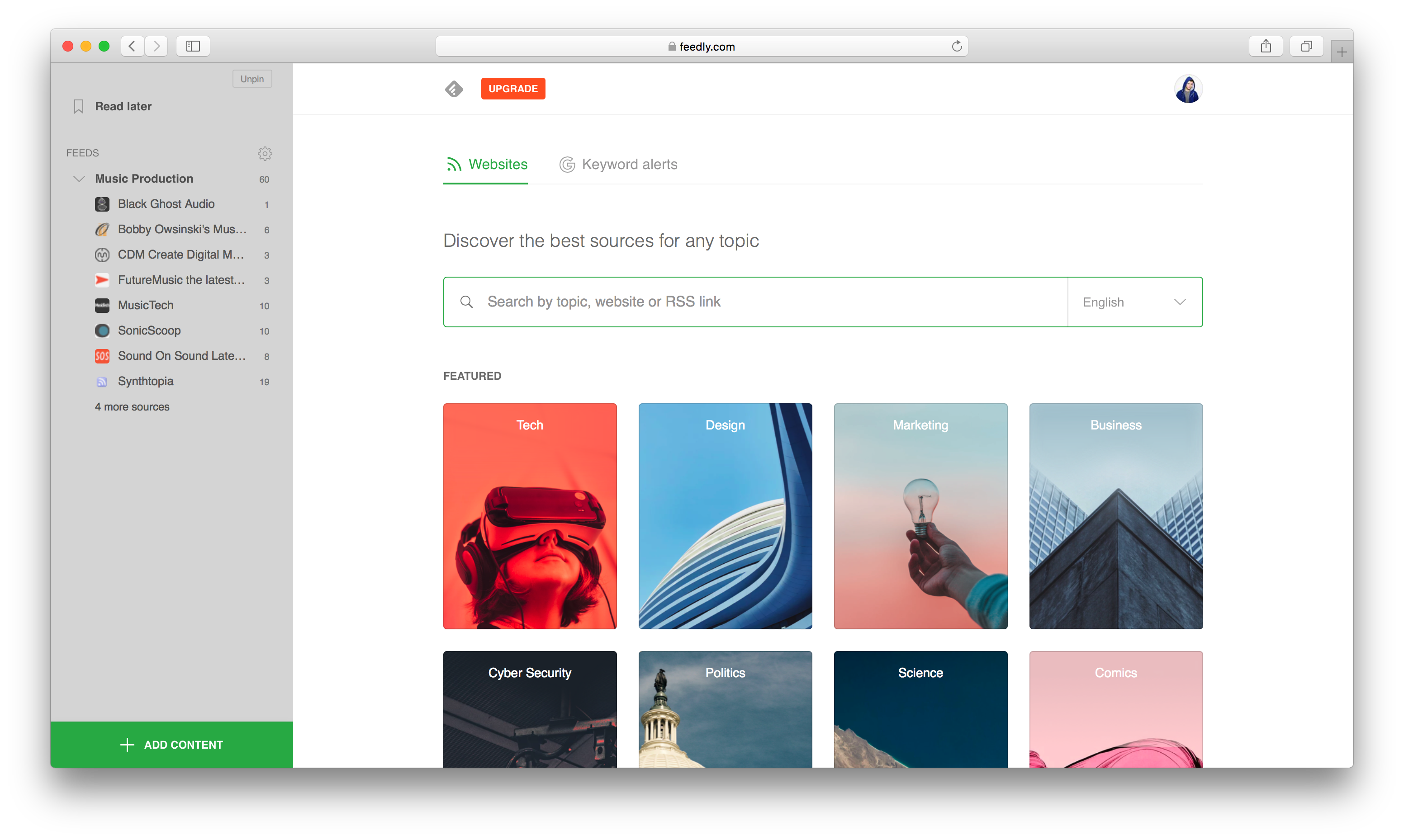 An image of Feedly's search page.