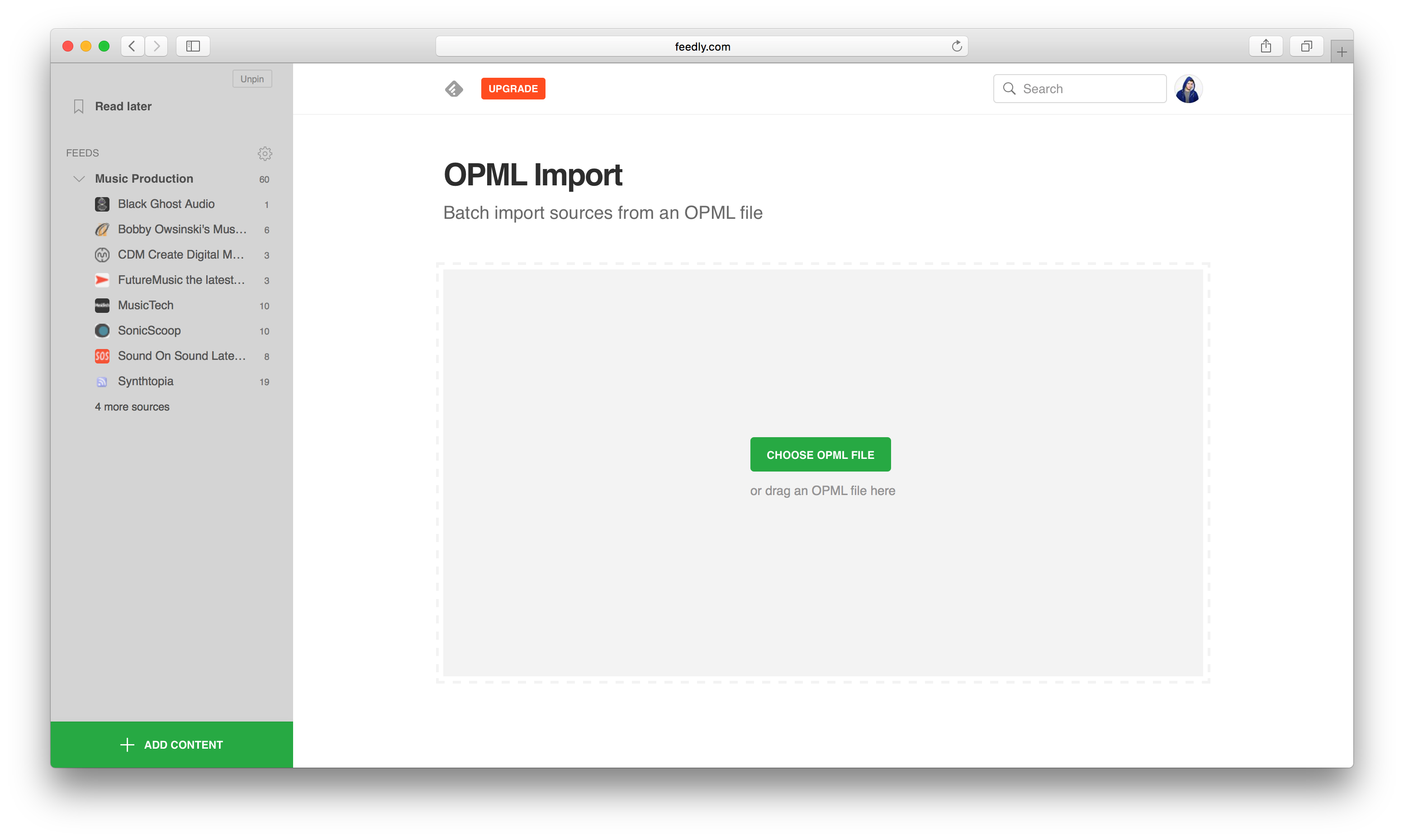 An image of Feedly's OPML Import Page.