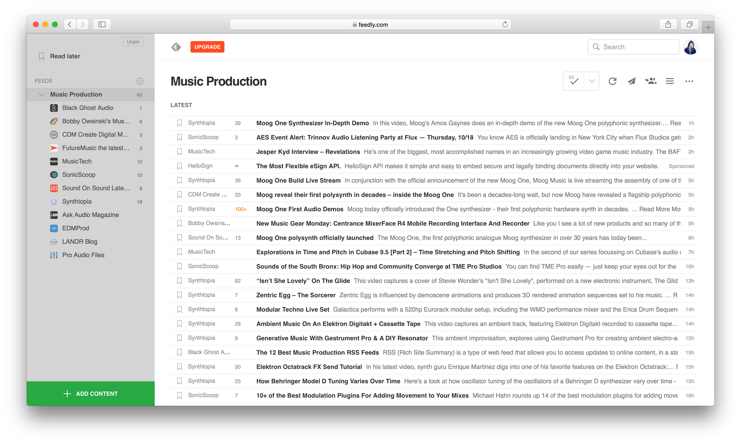 An image of a Music Production feed in Feedly.