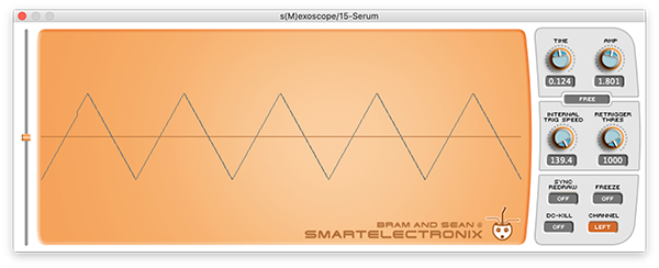 An image of a triangle wave run through an oscilloscope.
