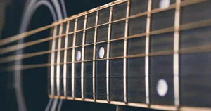 The fretboard of an acoustic guitar.
