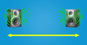 Two studio monitors placed a distance apart from one another.
