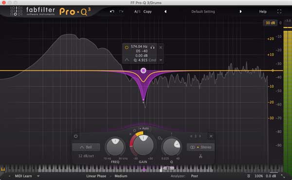 A picture of a dynamic EQ applying attenuation to an audio signal.