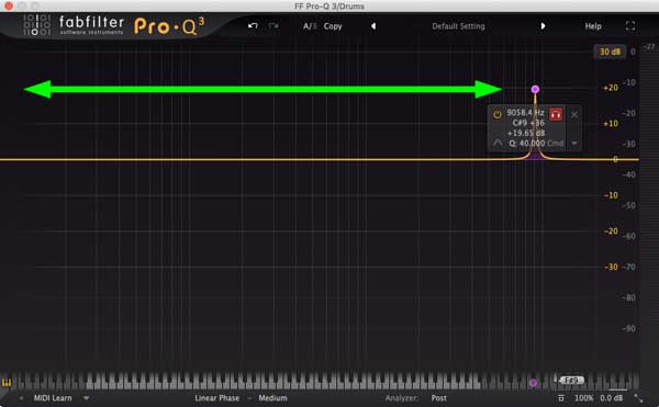 A picture of a boosted bell filter sweeping through the frequency spectrum of a sound.