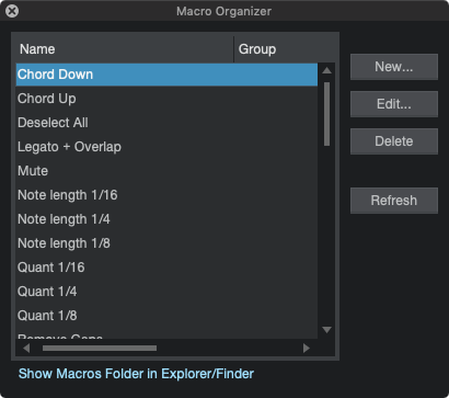 A picture of Studio One's Macro Organizer Window.