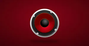 A red speaker driver on a red background.
