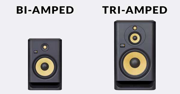 An image of a bi-amped KRK ROKIT 8 G4 8" studio monitor and a tri-amped KRK ROKIT 10-3 G4 10" studio monitor.