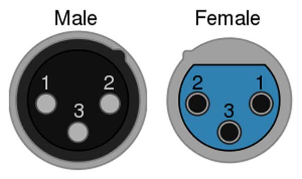 An image of a male XLR connector's pins and a female XLR connector's ports.