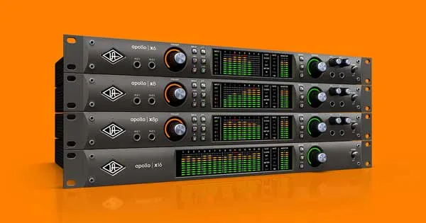 A stack of Universal Audio Apollo audio interfaces.