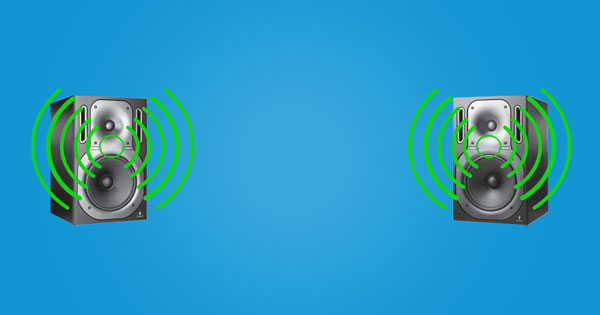 An image of sound playing from two speakers.