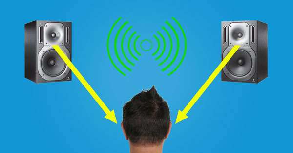 An image of a stereo playback system creating the impression of sound source localization.