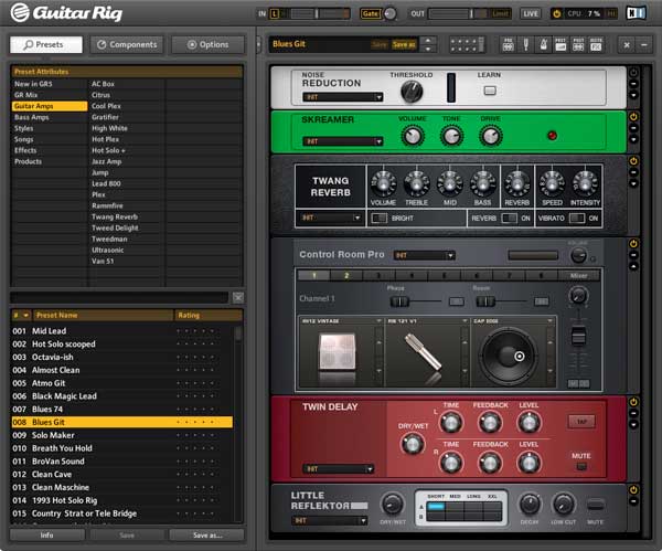 An image of Native Instruments' Guitar Rig 5 Pro VST plugin.