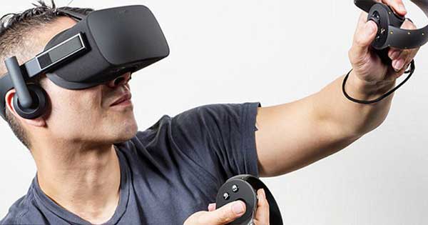 An image of a virtual reality headset with headphones attached.