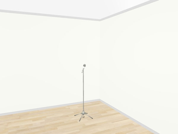 An image of a microphone set up in the corner of an untreated room.