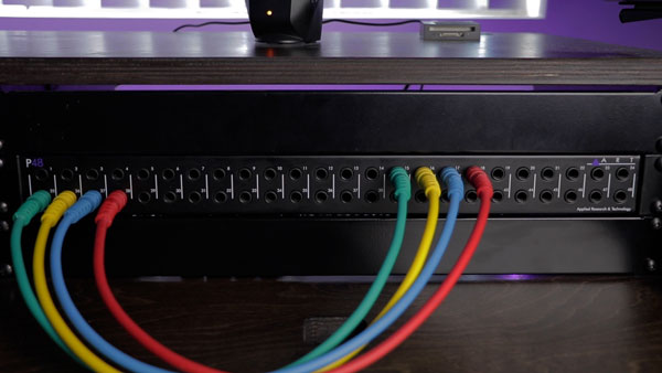 An image of 1/4" patch bay connections made with 1/4" TRS patch bay cables.