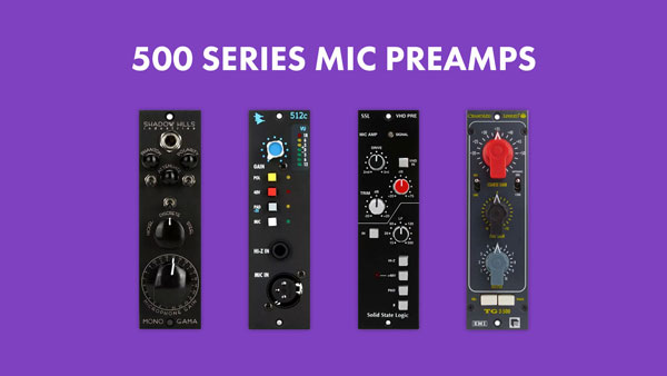 An image of 500 series mic preamps that include a Shadow Hills Mono Gama, API 512c, Solid State Logic VHD, and Chandler Limited TG2.