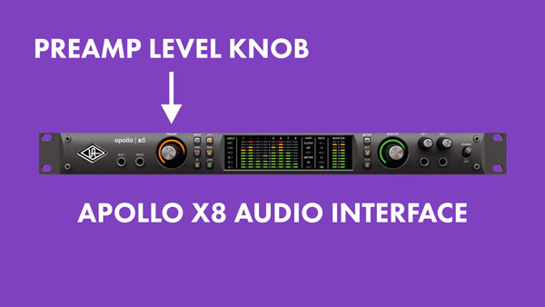 An image of the preamp level knob on an Apollo x8 audio interface.