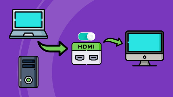 An image of an HDMI switch being used to display a laptop's content on an external monitor.