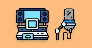 A music producer's workspace and a microphone.