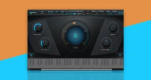 Auto-Tune Pro's user interface on an orange and blue background.