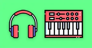 An image of a pair of headphones and a small MIDI keyboard.