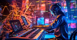 An image of a producer making music in the future, playing a keyboard and looking at a computer monitor.
