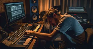 An image of a tired producer with his hand on a keyboard.