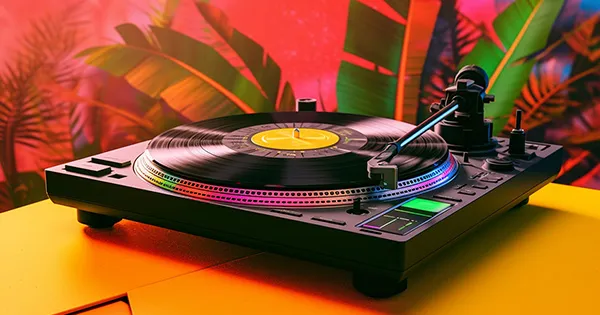 An image of a colorful turntable sitting on a yellow table.