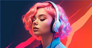 An image of a girl with pink hair wearing a pair of headphones.