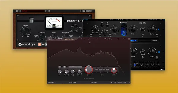 An image of Soundtoys' Decapitator, FabFilter's Saturn 2, and Plugin Alliance's Black Box HG-2.