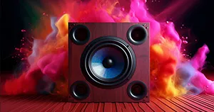 An image of a single audio speaker surrounded by multi-colored smoke.