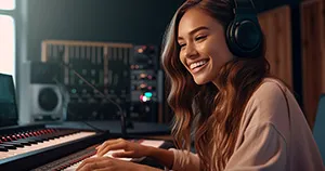 An image of a female music producer wearing headphones and touching a keyboard.