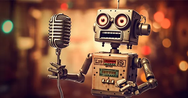 An image of an old robot singing into a vintage microphone.