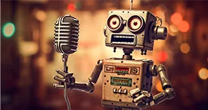 An image of an old robot singing into a vintage microphone.