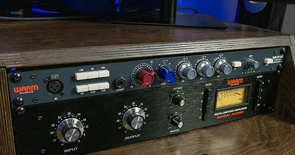 An image of Warm Audio's WA73-EQ, sitting above Warm Audio's WA76 Limiting Amplifier.