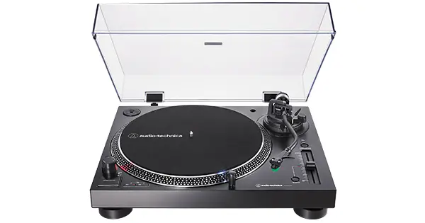 An Audio-Technica AT-LP120XUSB turntable, which includes a USB cable.