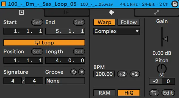 Ableton's audio clip settings.