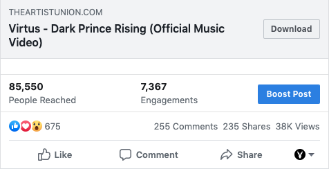 A picture of the engagement stats for Virtus - Dark Prince Rising on Facebook.
