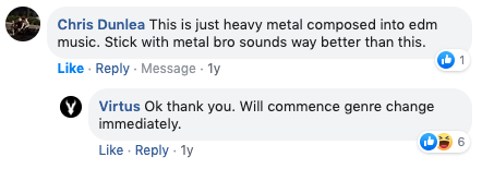 A picture of a comment on the Facebook video for Virtus - Dark Prince Rising.